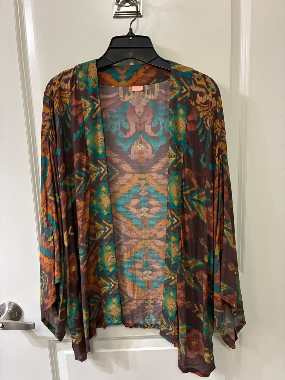 Boho Open-Front Kimono Cardigan - Teal & Brown
